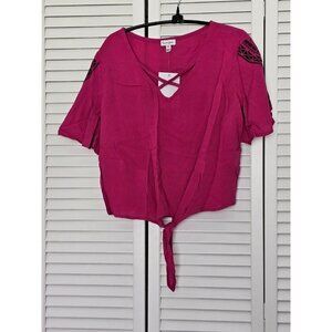 Women's Lover Fire Top Size SP (Small Petite) Pink Embroidery Tie Front